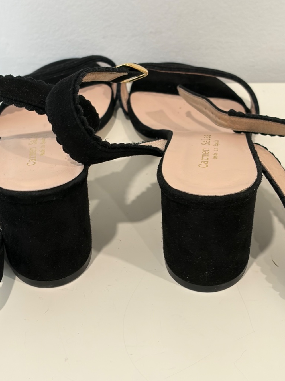 Carmen Salas Black Suede Ankle Wrap Sandal Scallop Detailing SPAIN EU 39 US 9 - Picture 8 of 10